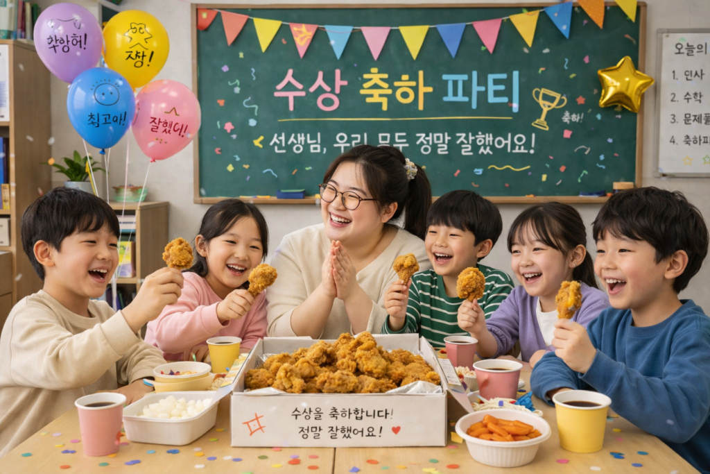 수상 축하 파티는 치킨이닭!